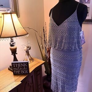 Adrianna Papell (Red Carpet) Silver Beaded V-Neck Spaghetti Strap Cocktail Dress